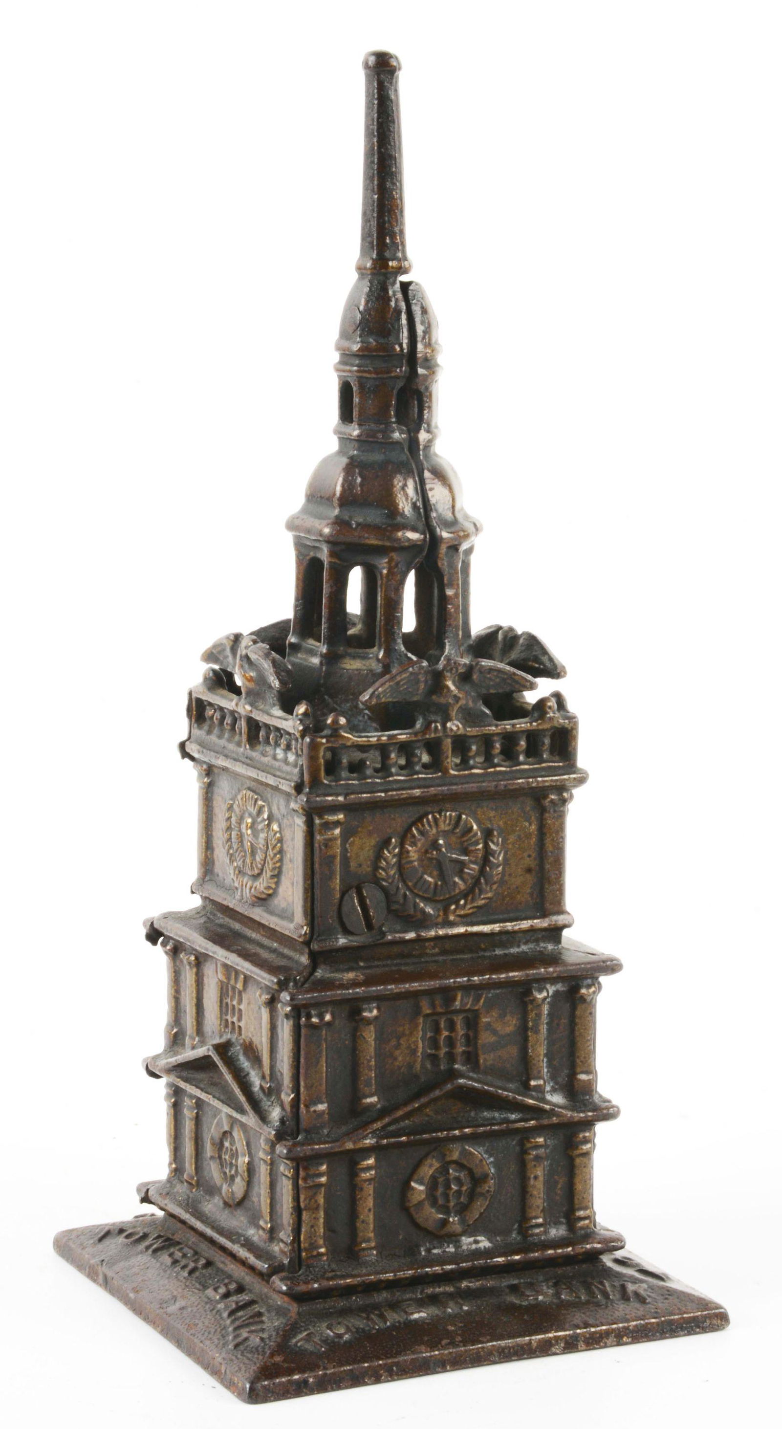 CAST IRON JAPANNED TOWER STILL BANK. (1 of 3)