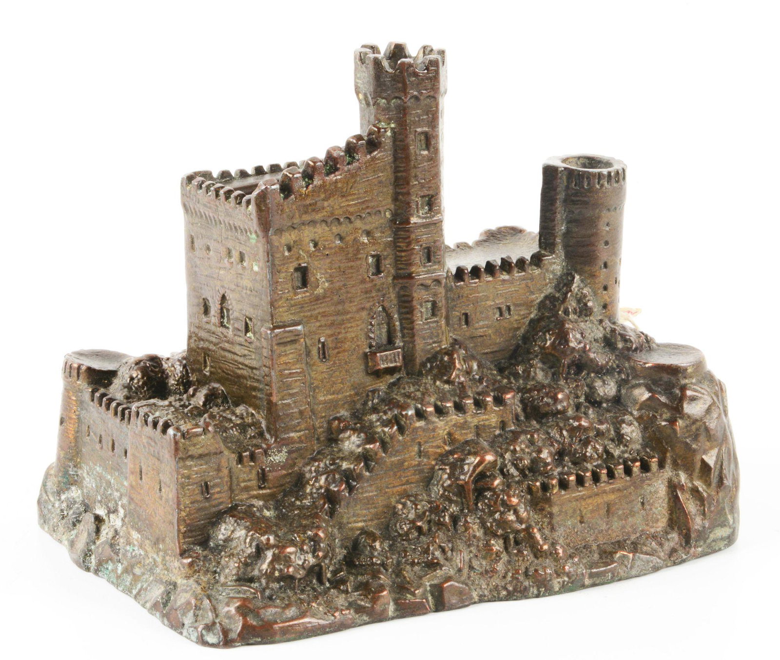 UNUSUAL VINTAGE EUROPEAN WHITE METAL CASTLE BANK.: With original lock and key. Japanned. Very intricate. Some general wear. Condition: (Very Good - Excellent). Dimensions: 5 - 3/4" x 3 - 3/4" x 5".