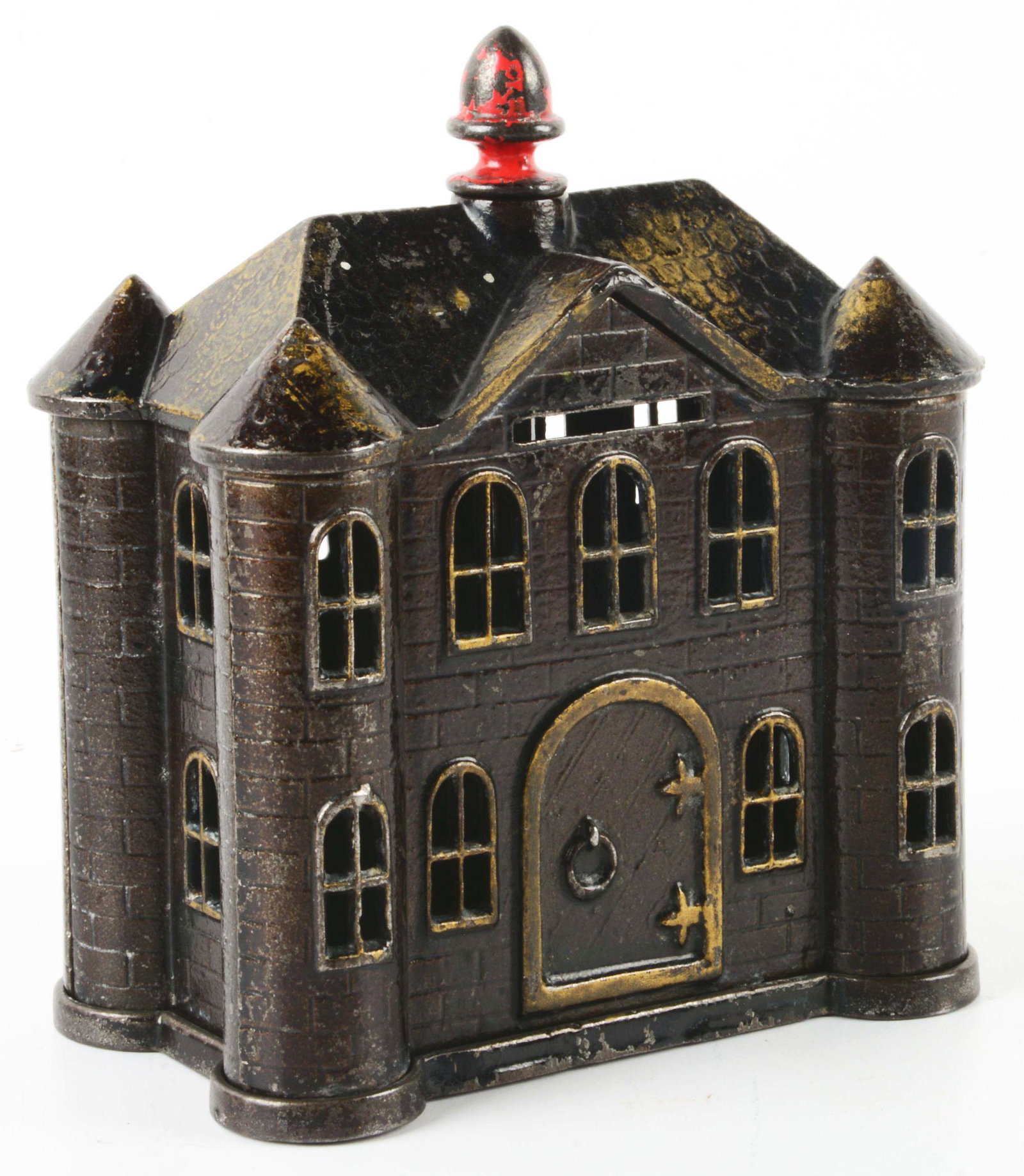 VINTAGE AMERICAN-MADE CASTLE-TYPE STILL BANK.: Japanned with gold highlighting. Probably Kyser & Rex. Original turn pin. Red finial. Some general moderate wear. Condition: (Very Good). Dimensions: 5" x 3" x 5 - 1/2".