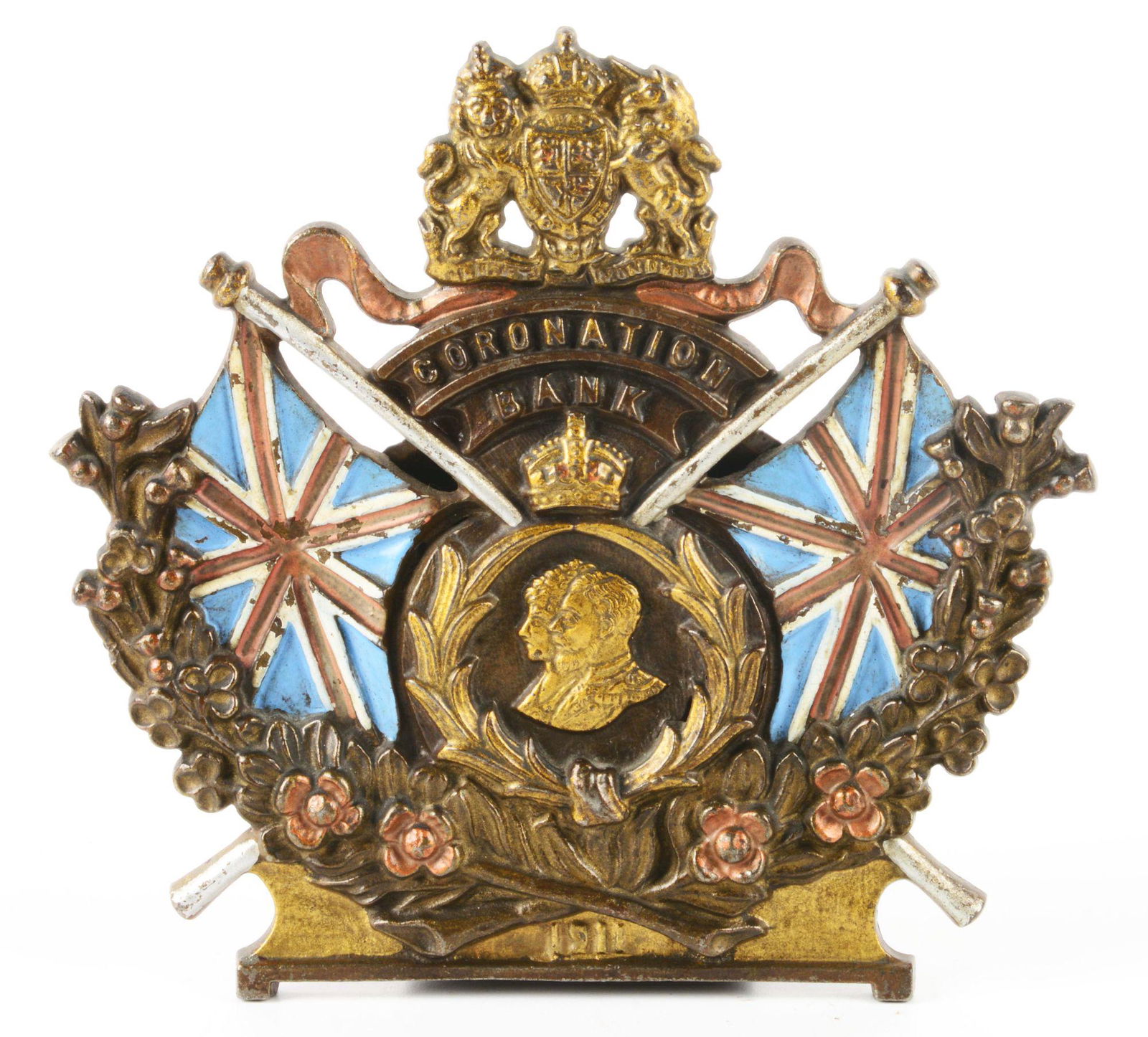 CAST IRON ENGLISH CORONATION STILL BANK. (1 of 3)