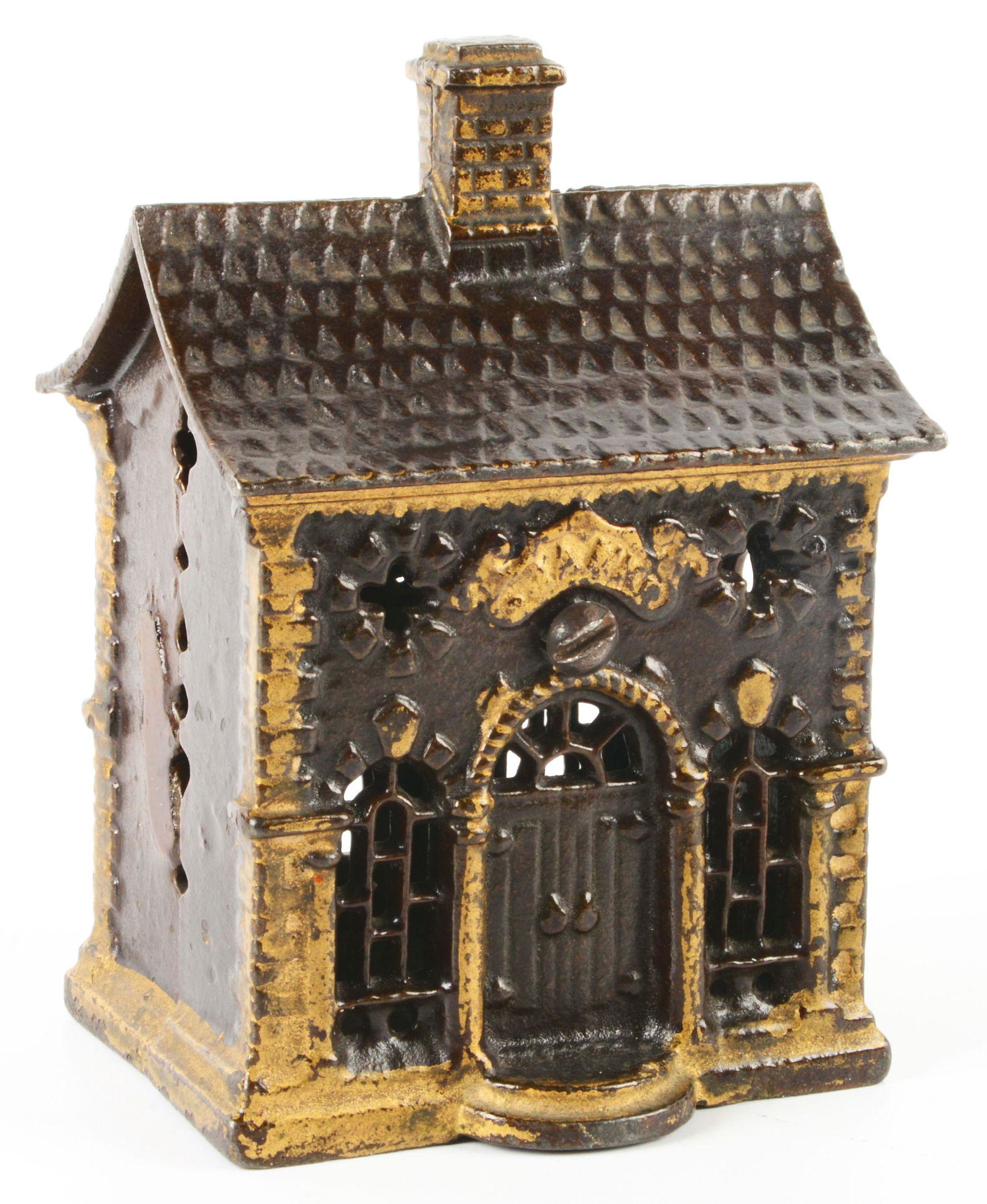 VINTAGE CAST IRON HOUSE BUILDING BANK.: Japanned with gold highlighting. Some wear. Condition: (Very Good - Excellent). Dimensions: 3 - 1/2" x 3" x 5 - 1/4".