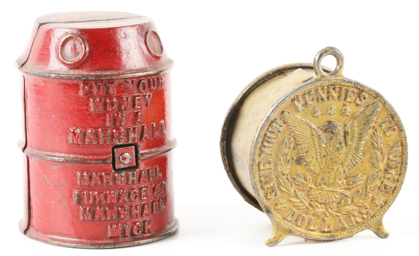 LOT OF 2: CAST IRON & WHITE METAL STILL BANKS. (1 of 3)