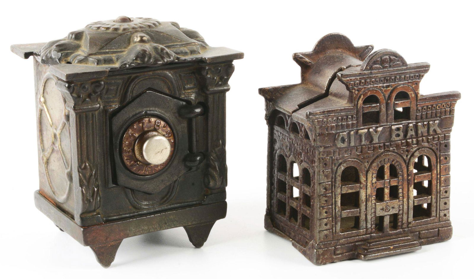 LOT OF 2: CAST IRON SAFE AND BUILDING BANKS. (1 of 3)