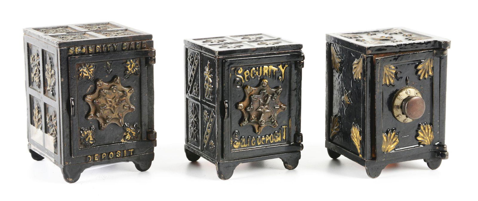 LOT OF 3: VINTAGE CAST IRON SAFE BANKS. (1 of 2)