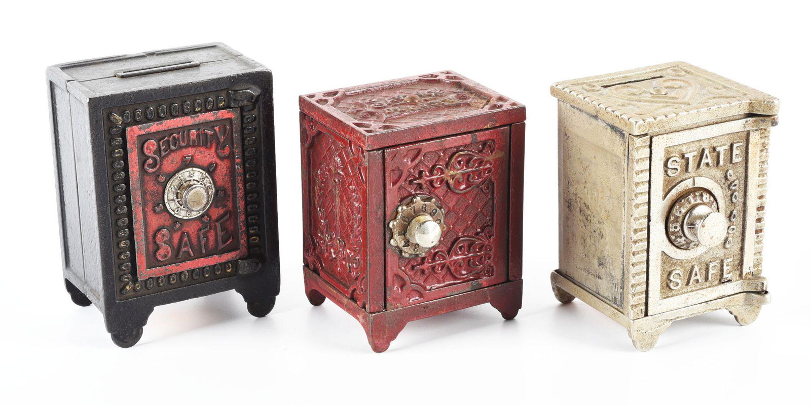 LOT OF 3: CAST IRON COMBINATION SAFE STILL BANKS. (1 of 2)