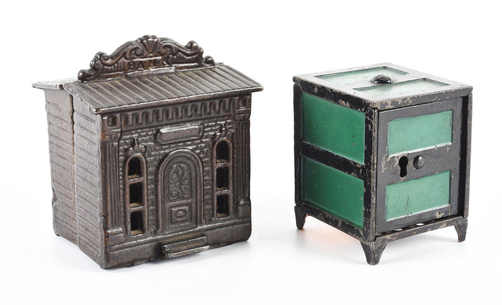 LOT OF 2: VINTAGE CAST IRON HOUSE & SAFE BANKS. (1 of 2)