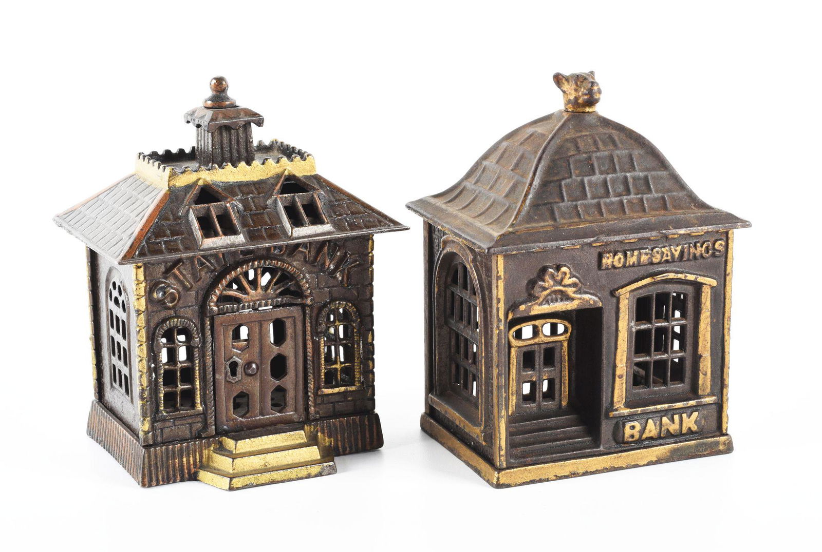LOT OF 2: VINTAGE CAST IRON STATE & HOME SAVINGS BANKS. (1 of 3)