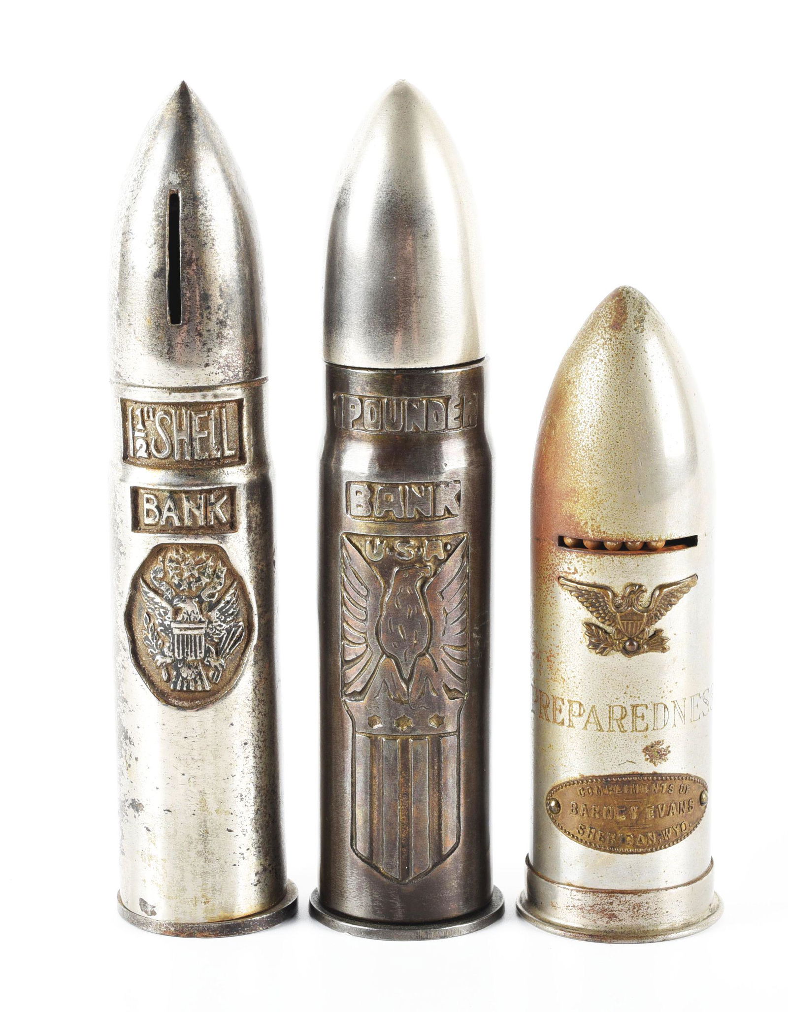 LOT OF 3: AMERICAN-MADE WWI ERA SHELL STILL BANKS. (1 of 2)
