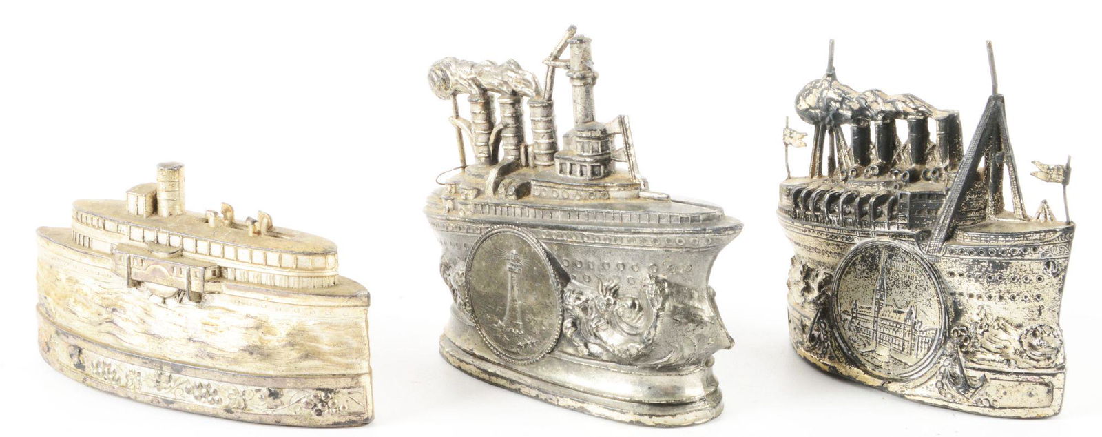 LOT OF 3: EUROPEAN WHITE METAL SHIP BANKS. (1 of 3)