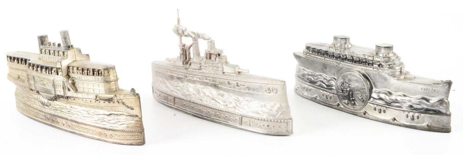 LOT OF 3: EUROPEAN WHITE METAL SHIP STILL BANKS. (1 of 3)