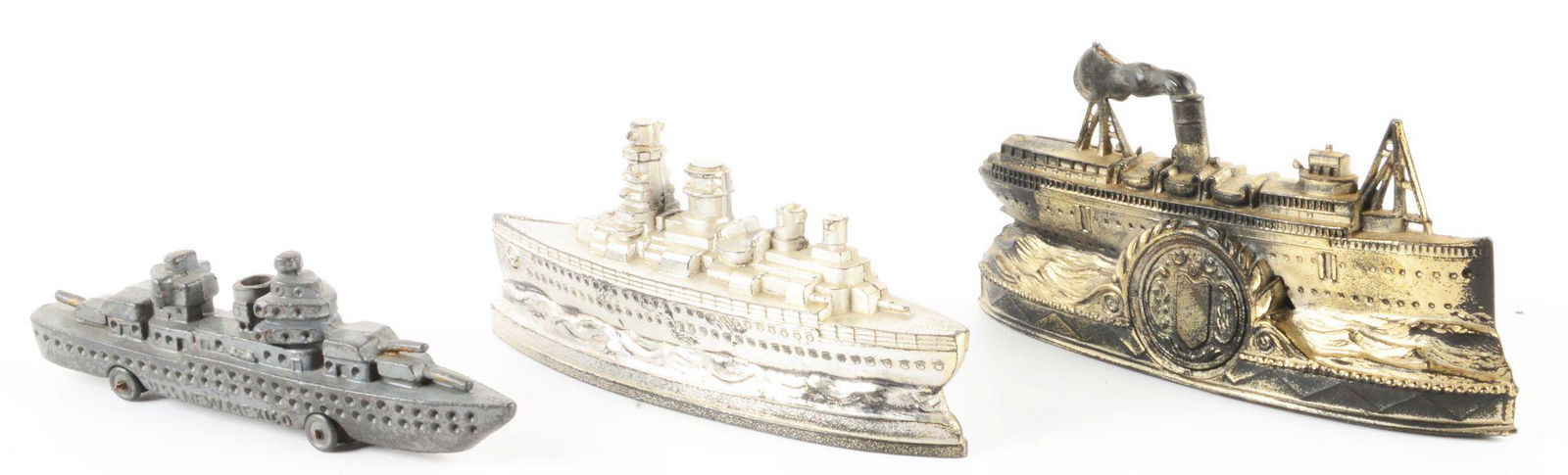 LOT OF 3: AMERICAN & EUROPEAN SLUSH MOLD & WHITE METAL SHIP BANKS & TOY. (1 of 3)
