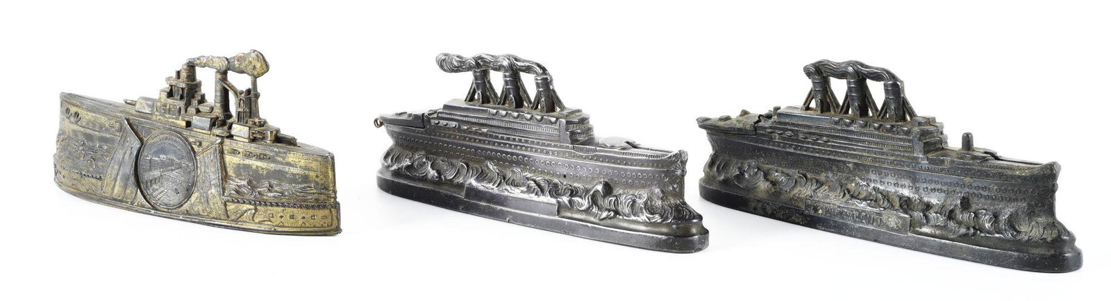 LOT OF 3: DIE-CAST EUROPEAN SHIP STILL BANKS.: All Dreadnought-type WWI ships. Various conditions. Condition: (Very Good). Dimensions: Largest: 7" x 1 - 1/2" x 3 - 3/4".