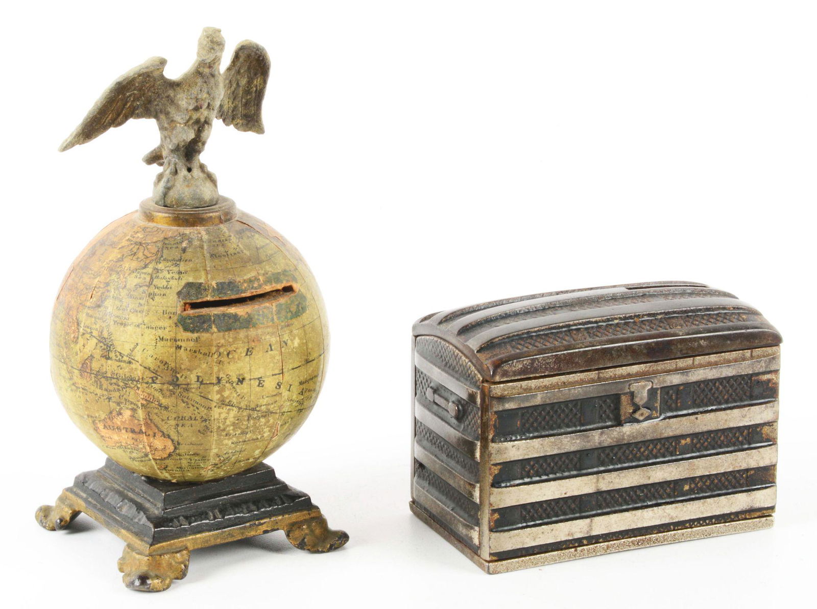 LOT OF 2: VINTAGE WHITE METAL PAPER ON WOOD & CAST IRON STILL BANKS. (1 of 3)