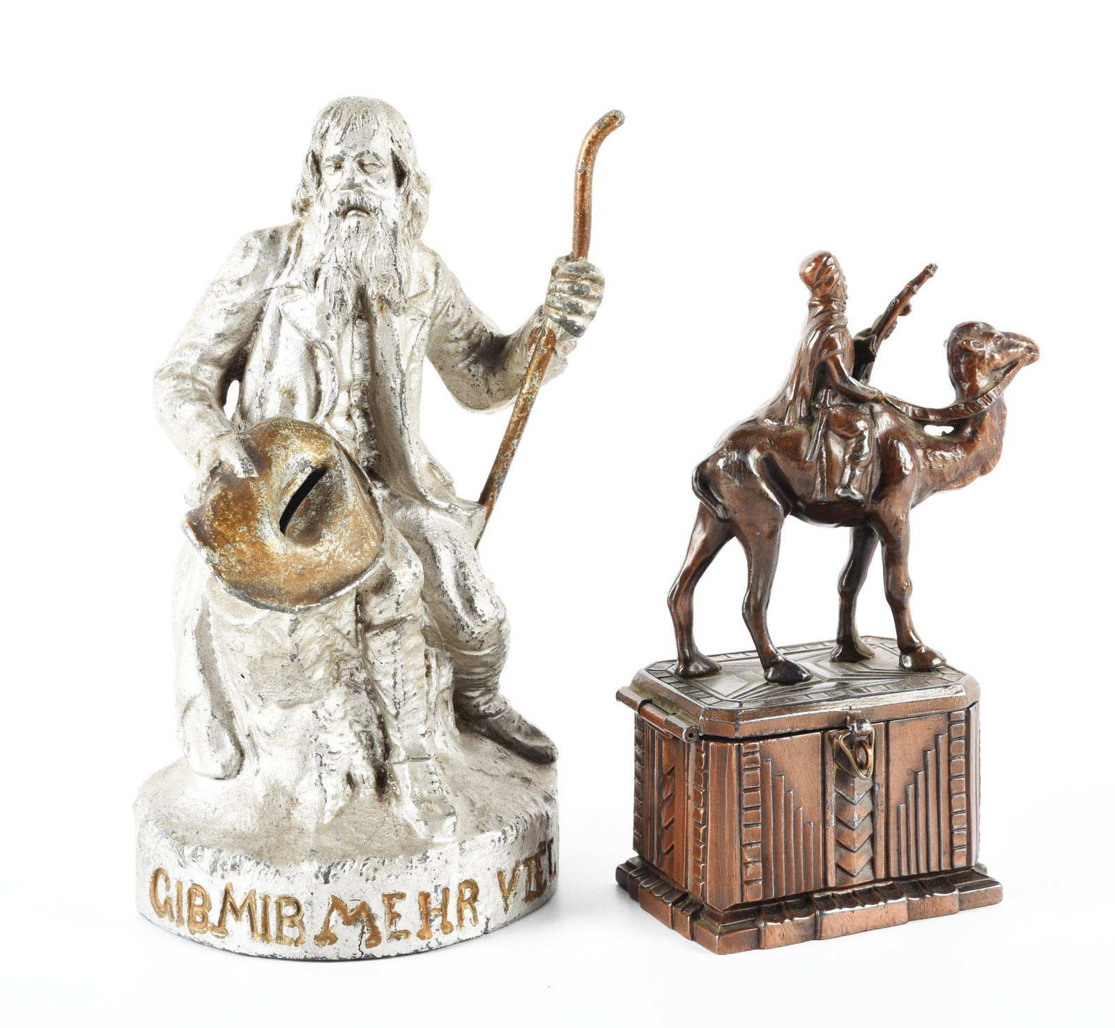 LOT OF 2: UNUSUAL POT METAL FIGURAL BANKS.: One is an Arabian man riding a camel and holding a rifle, japanned and marked "Made in France" on the bottom, with a locking mechanism that is missing the lock. The second one looks to be German, mark