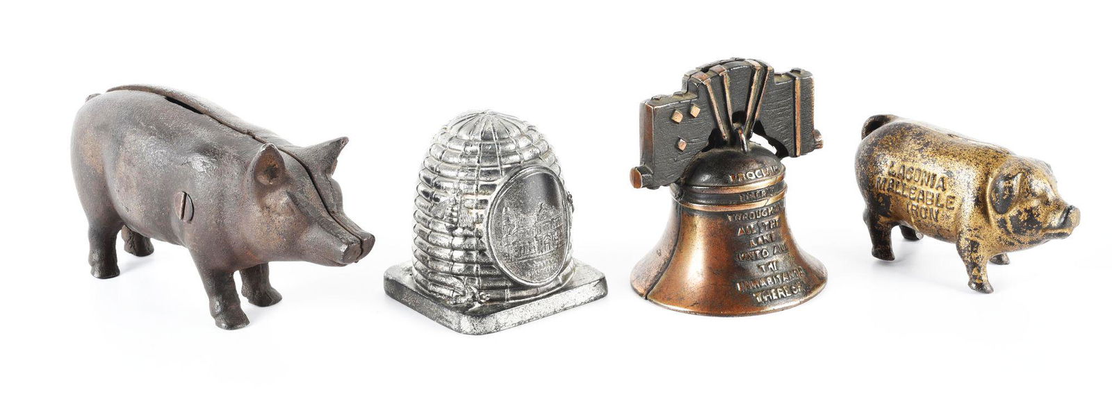 LOT OF 4: VARIOUS CAST IRON & WHITE METAL FIGURAL VINTAGE STILL BANKS. (1 of 2)