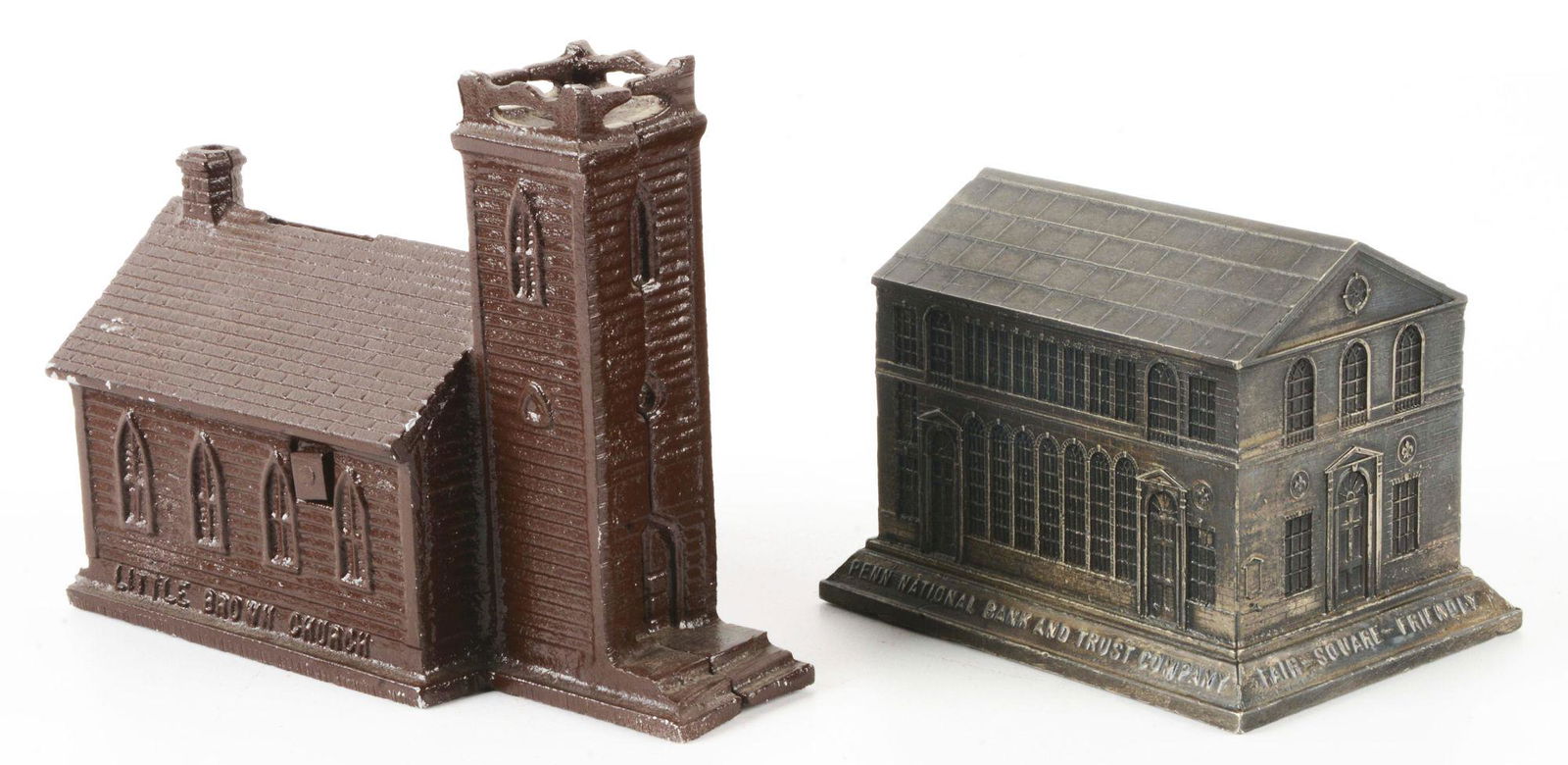 LOT OF 2: VINTAGE WHITE METAL BUILDING BANKS. (1 of 3)