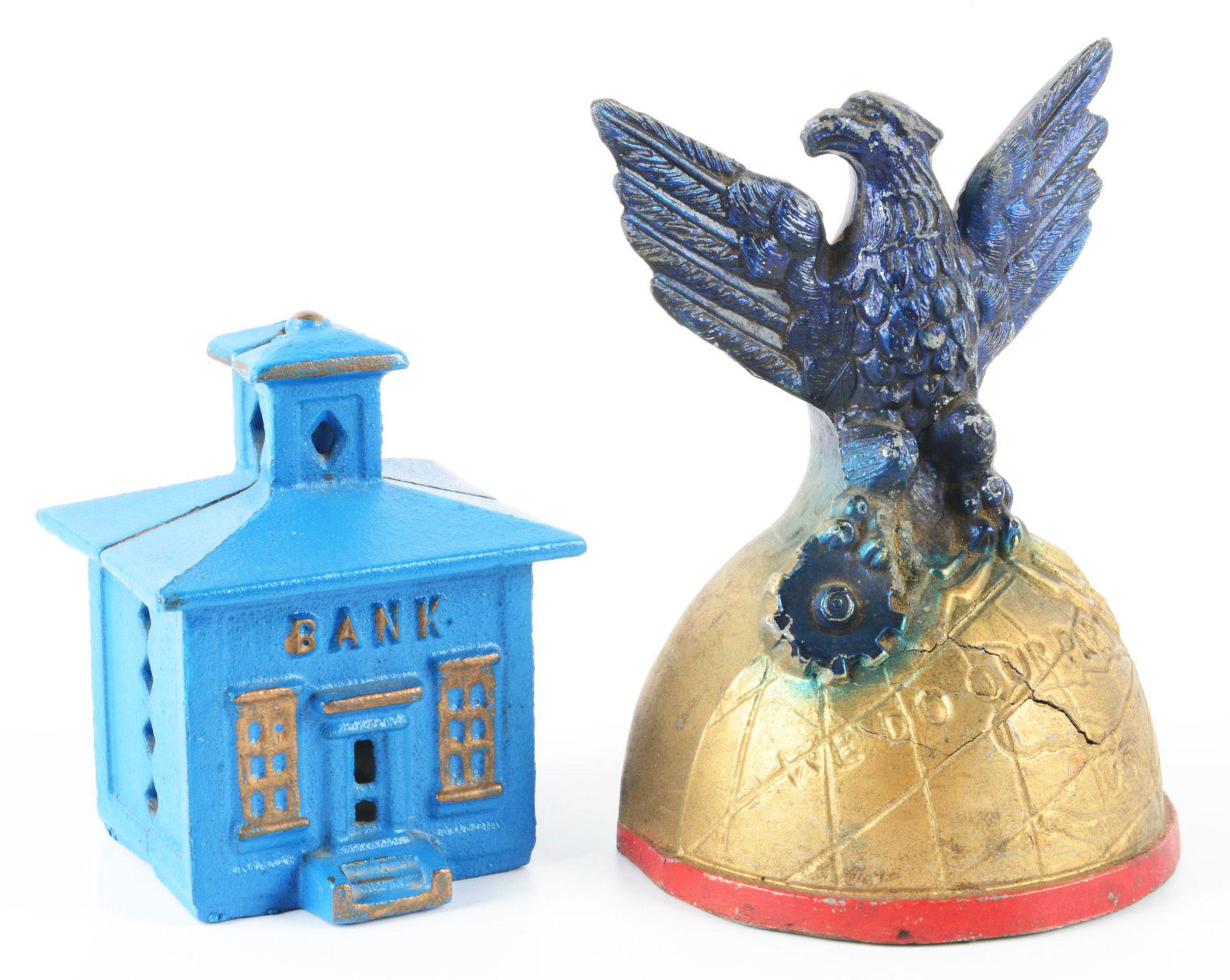 LOT OF 2: AMERICAN-MADE POT METAL & CONTEMPORARY CAST STILL BANKS. (1 of 3)