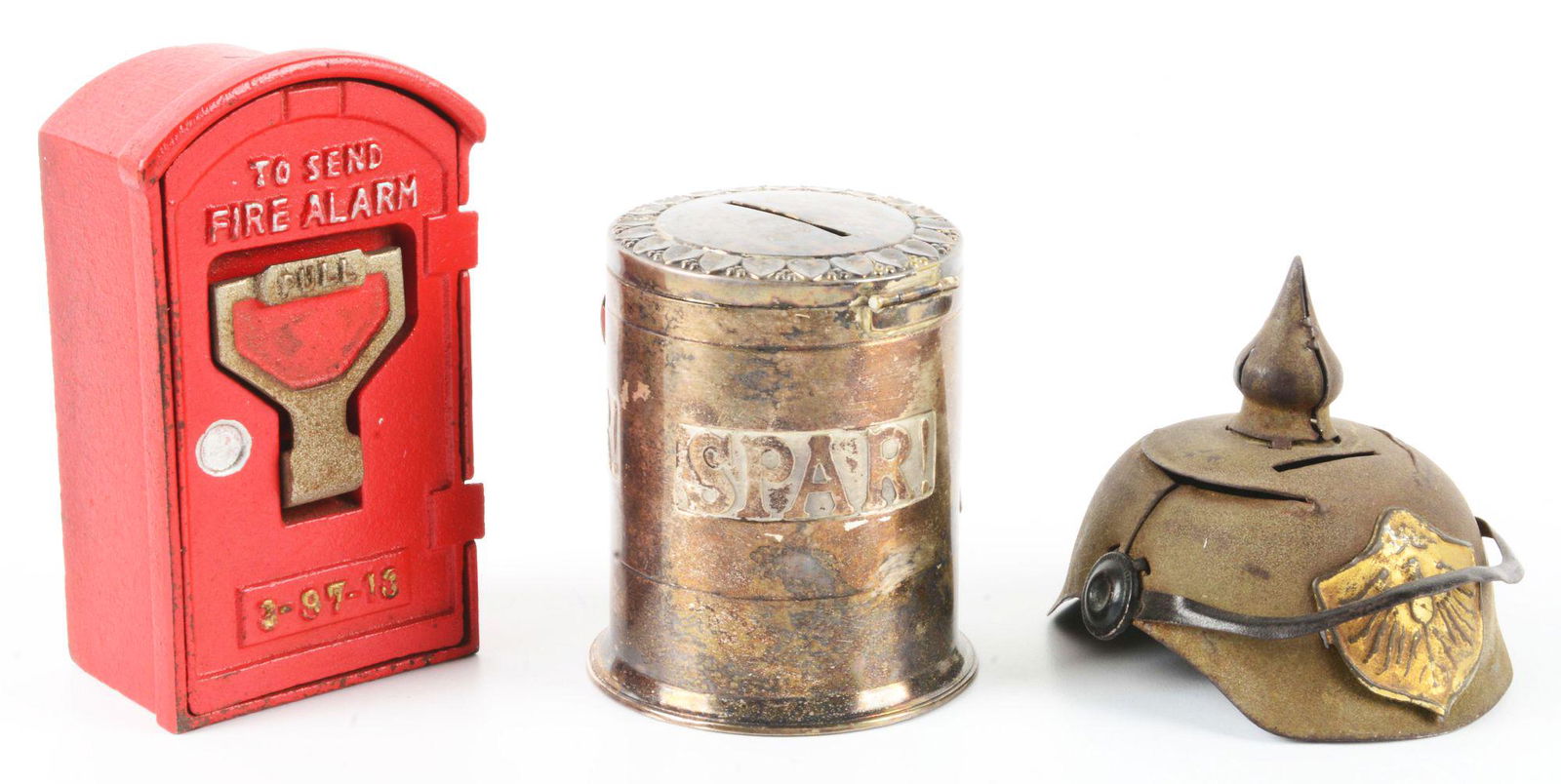 LOT OF 3: FOREIGN CAST IRON & TIN WHITE METAL STILL BANKS. (1 of 3)