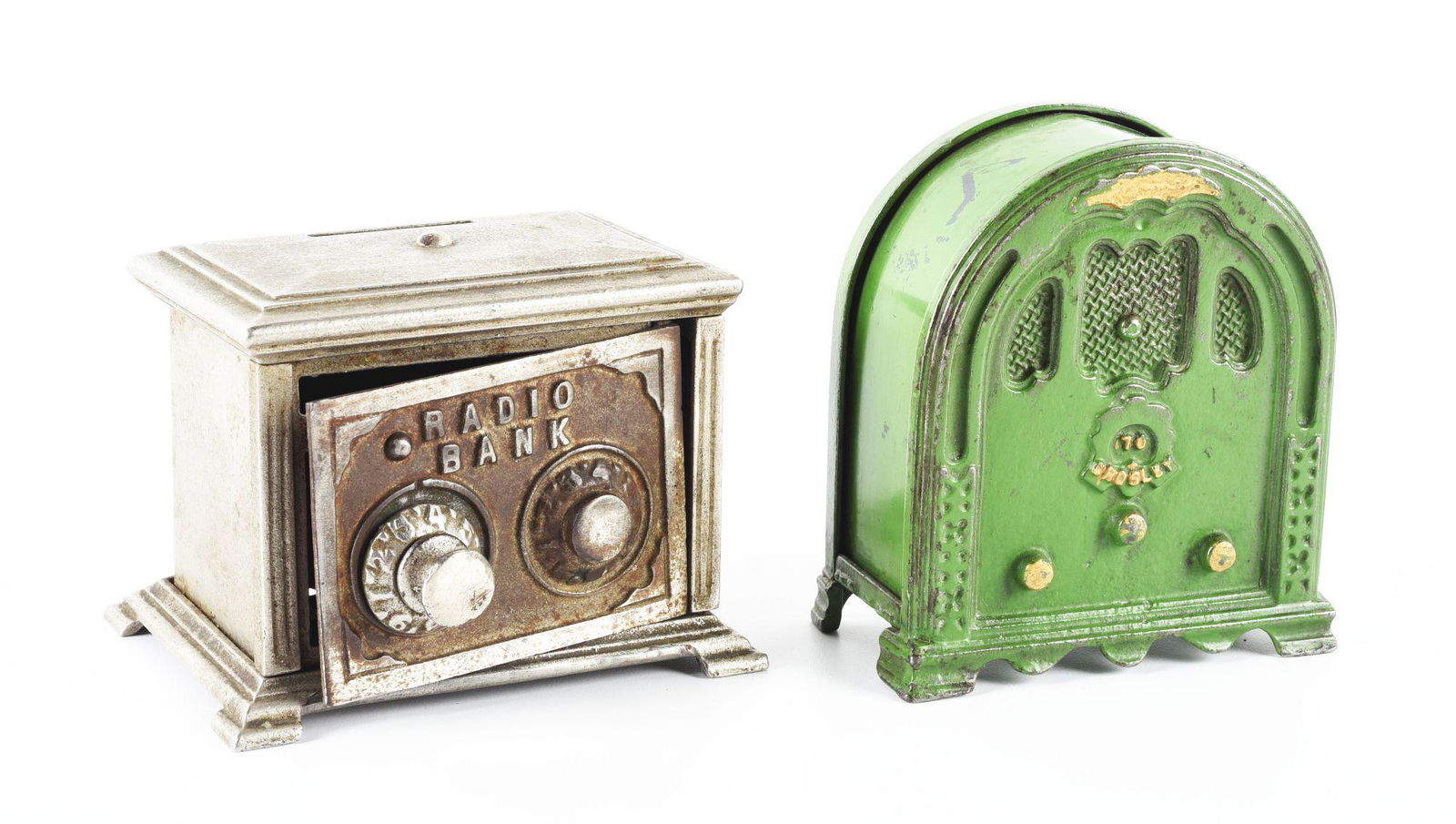 LOT OF 2: AMERICAN-MADE CAST IRON & TIN RADIO BANKS. (1 of 2)