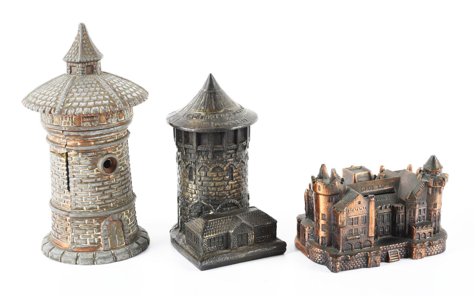 LOT OF 3: CAST & WHITE METAL STILL BANKS & CIGAR CUTTER. (1 of 3)