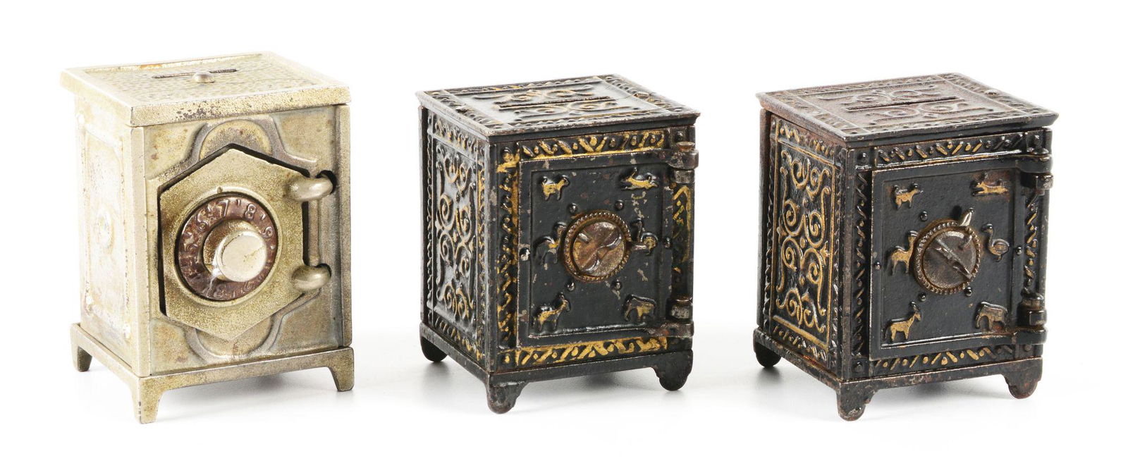 LOT OF 3: VINTAGE CAST IRON & NICKEL SAFE BANKS. (1 of 2)