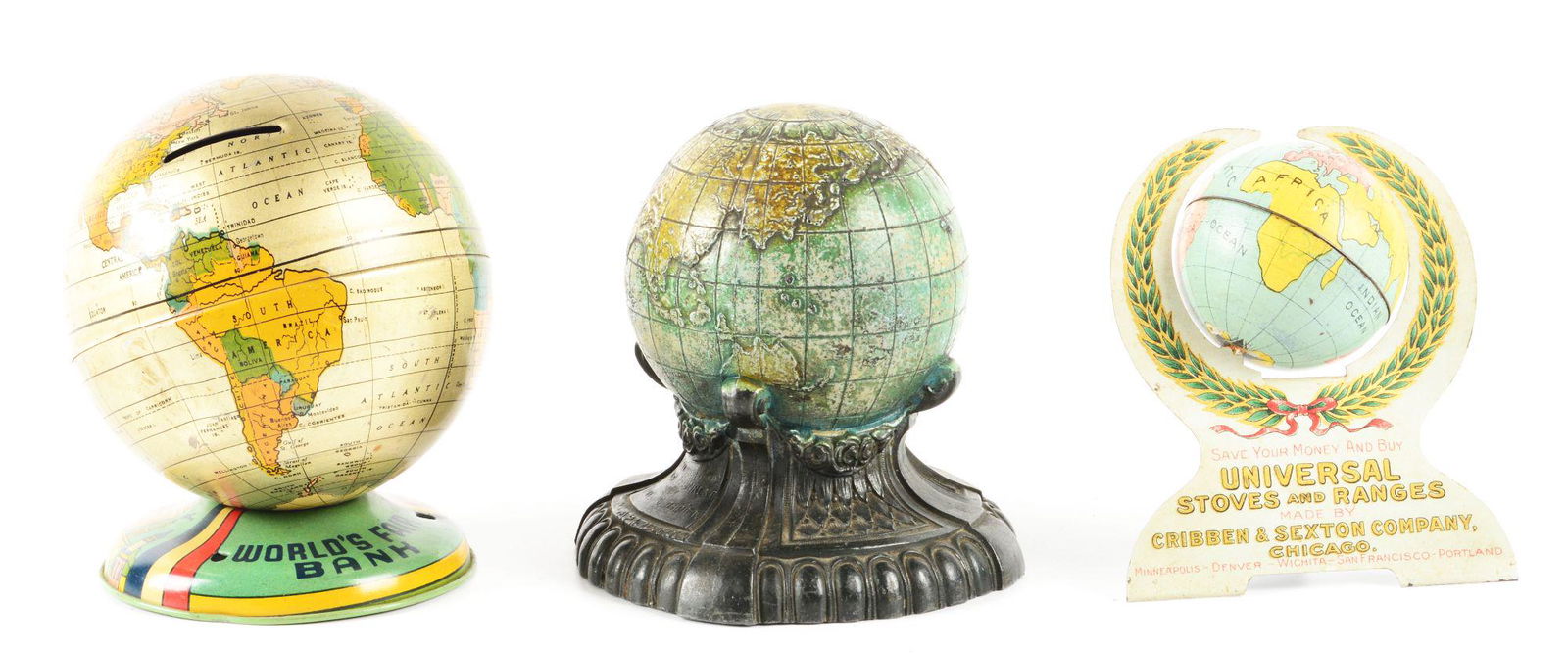 LOT OF 3: VARIOUS VINTAGE CAST IRON & TIN LITHO WORLD GLOBE BANKS. (1 of 2)