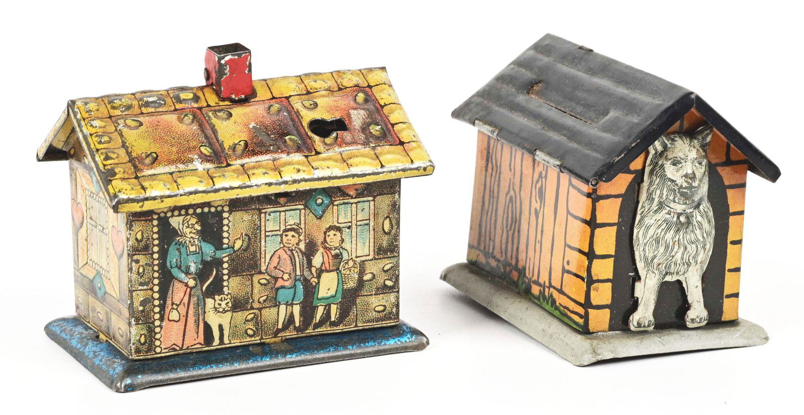 LOT OF 2: SMALL TIN PENNY TOY BANKS. (1 of 4)