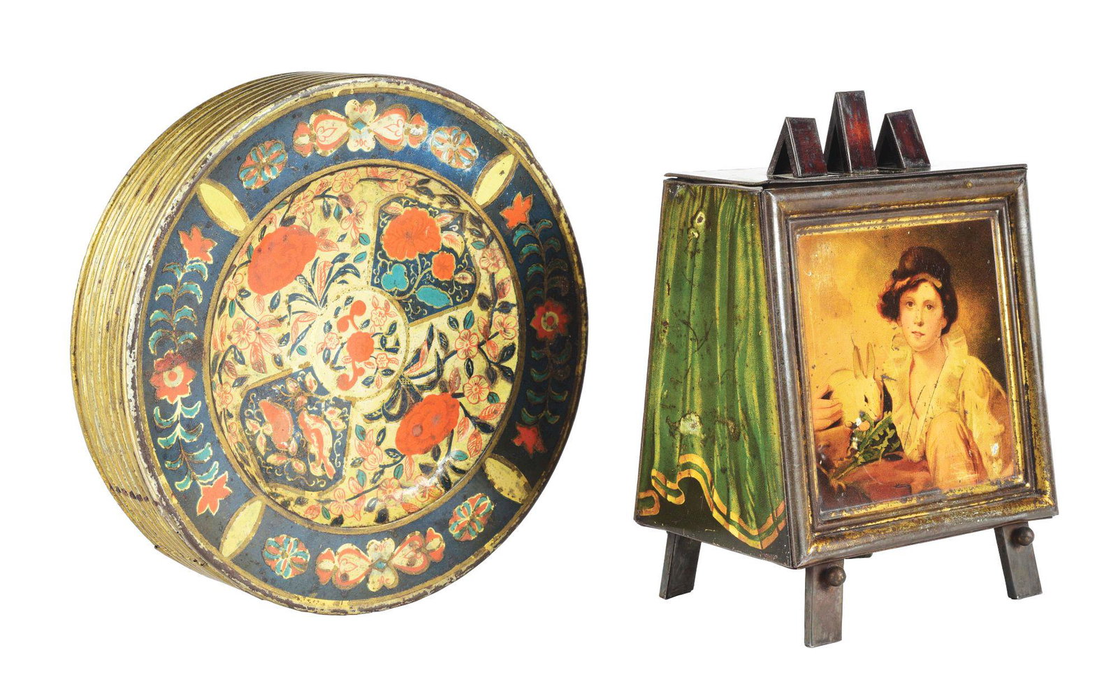 LOT OF 2: HUNTLEY & PALMER BISCUIT TINS.: Lot of two Huntley & Palmer tins. The first is Easel, c. 1914, a biscuit tin in the form of a footed easel with two pictures on it, one side having a boy and rabbit, the other side having a milk maid.