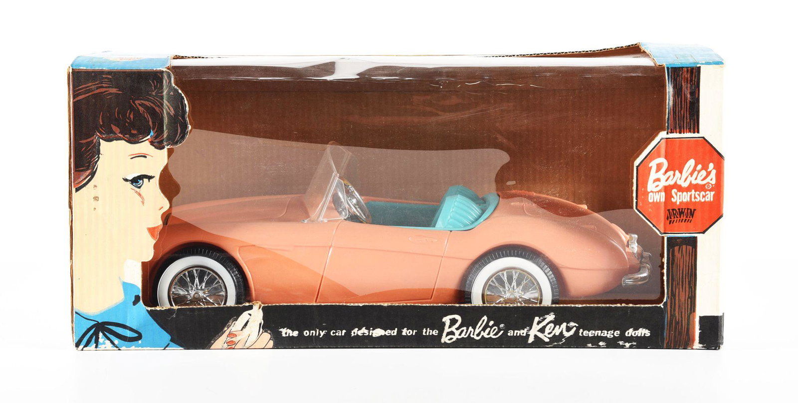 IRWIN BARBIE'S OWN SPORTS CAR.: Has original box with plastic intact and pictures showing Barbie and Ken in car. Marked "Mattel", c. 1962. Box has some creasing and edge wear, car appears unused. Condition: (Very Good - Excellent). 