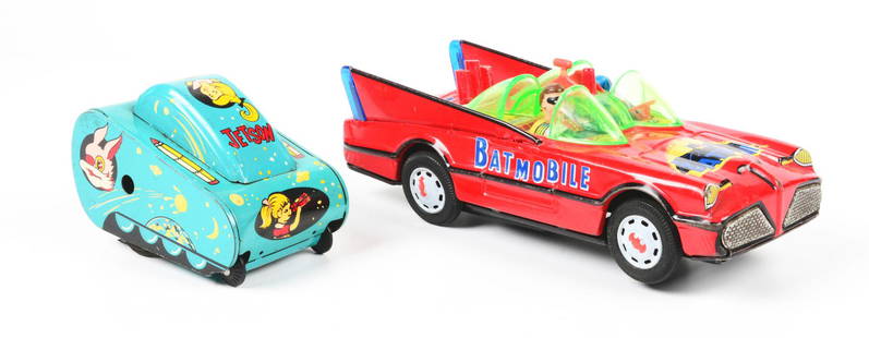 LOT OF 2: TIN LITHO WIND-UP AND BATTERY-OPERATED CHARACTER TOYS.: One is a Chinese Jetson wind-up tank, the other is a battery-operated Batman and Robin Batmobile, Taiwan version. Both have some scratching and wear. Condition: (Very Good). Dimensions: Larger: 10" x