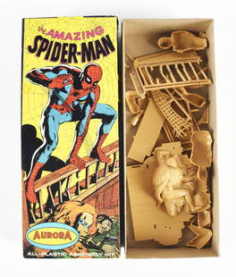 ORIGINAL AURORA THE AMAZING SPIDERMAN MODEL KIT.: Kit No. 477 in original box with instructions. Marked "1966 Marvel Comics". Box has some edge wear. Condition: (Excellent). Dimensions: 13 - 1/4" x 5 - 1/4" x 2 - 1/4".