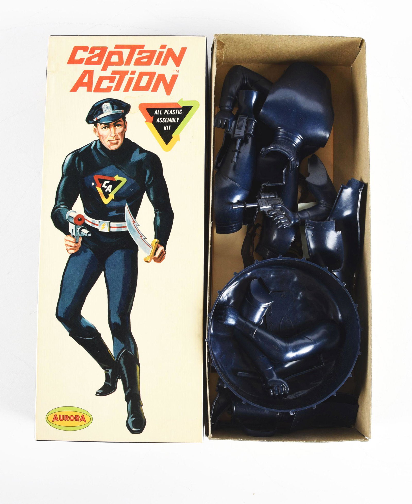 AURORA CAPTAIN ACTION MODEL KIT.: In the original box, marked "1966 Aurora Plastics", shows Captain Action on front holding pistol and knife. Some slight creasing and edge wear to left upper side of box, sticker wear on right side apr