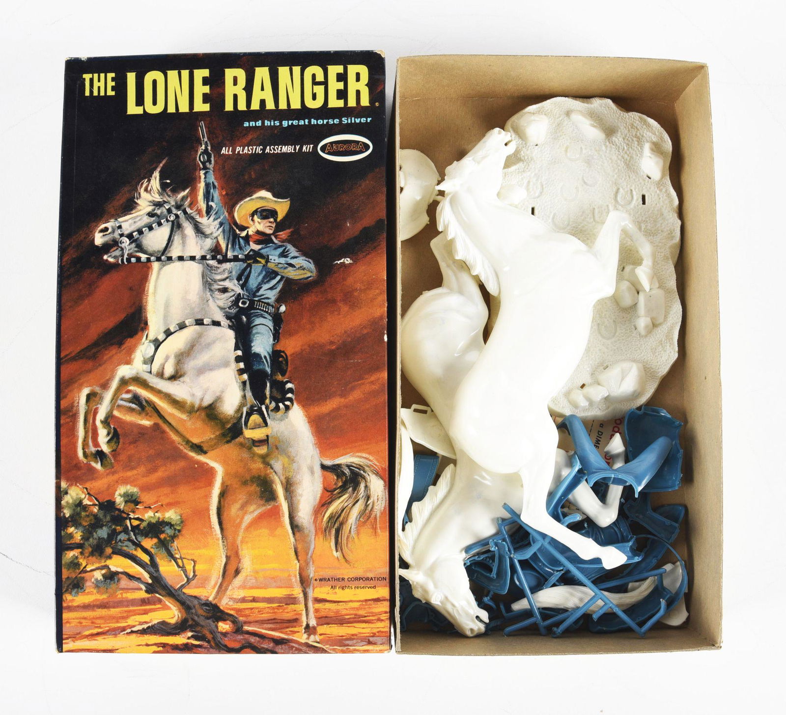 AURORA THE LONE RANGER MODEL KIT.: Looks complete with instructions. Box has some edge wear, but displays well, depicting the Lone Ranger riding Silver on front. Marked "Wrather Corporation" and "1967 Kit No. 808". Condition: (Very Goo