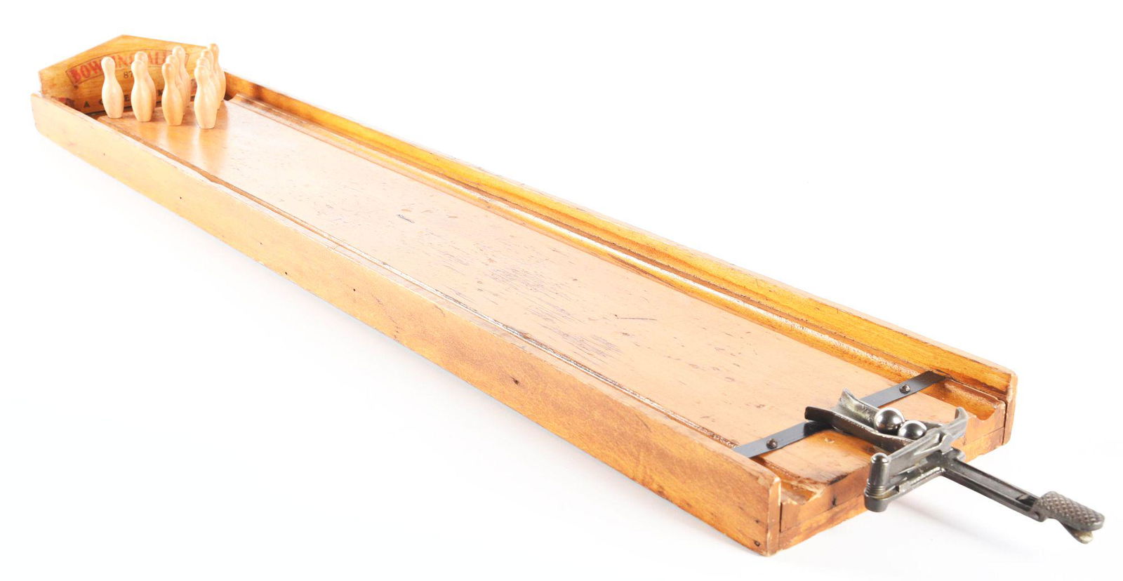 VERY EARLY ARCADE CAST IRON AND WOOD NO. 871 BOWLING ALLEY GAME. (1 of 3)