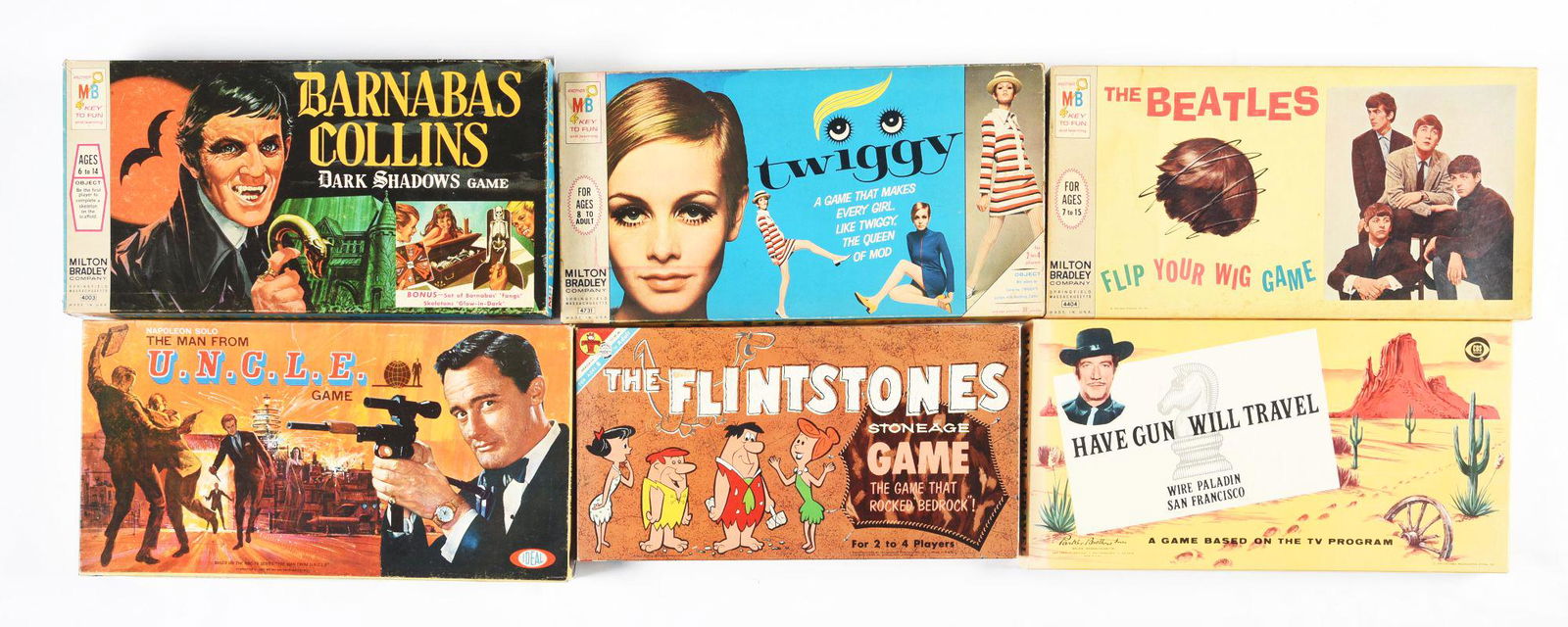 LOT OF 6: VARIOUS TV AND OTHER THEMED GAMES.: All in original boxes. There is a Barnabas Collins Dark Shadows game, a Man from U.N.C.L.E. game, a Flintstones Stoneage game, a Twiggy game, a Have Gun Will Travel game and a Beatles Flip Your Wig ga