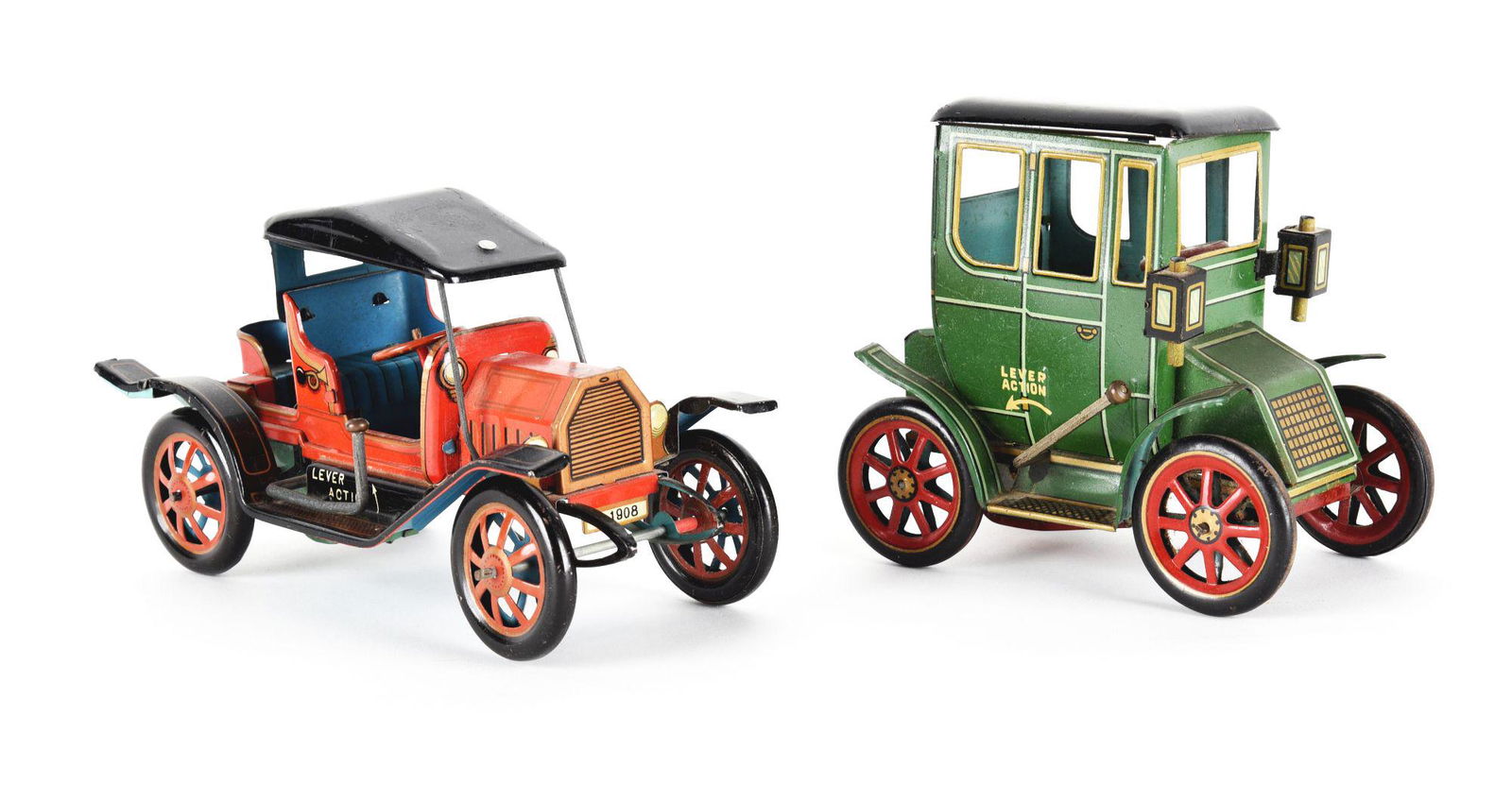 LOT OF 2: JAPANESE TIN LITHO LEVER-ACTION OLD TIMER CARS. (1 of 2)