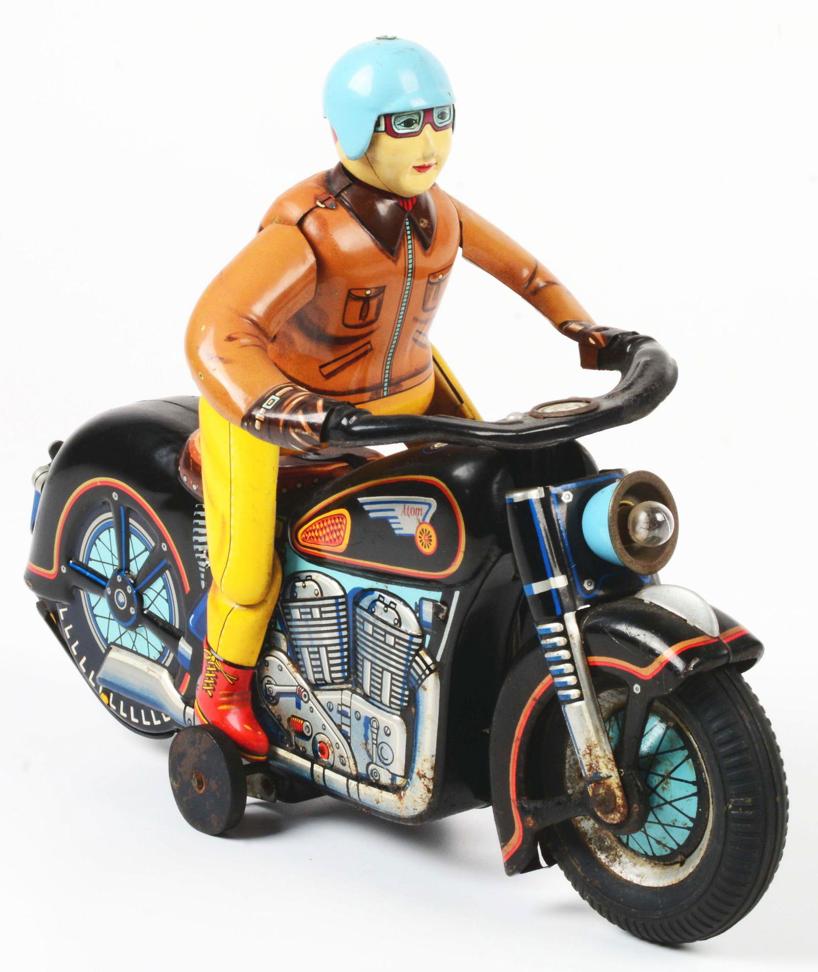 JAPANESE TIN LITHO BATTERY OPERATED ATOM MOTORCYCLE TOY. (1 of 4)