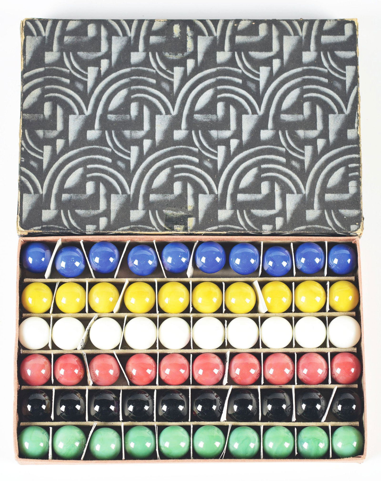ART DECO BOX SET.: Box contains 50 count game marbles. Box lid has separation on 3 corners, overall very good. Condition: (9.5). Dimensions: 7/8" Dia.