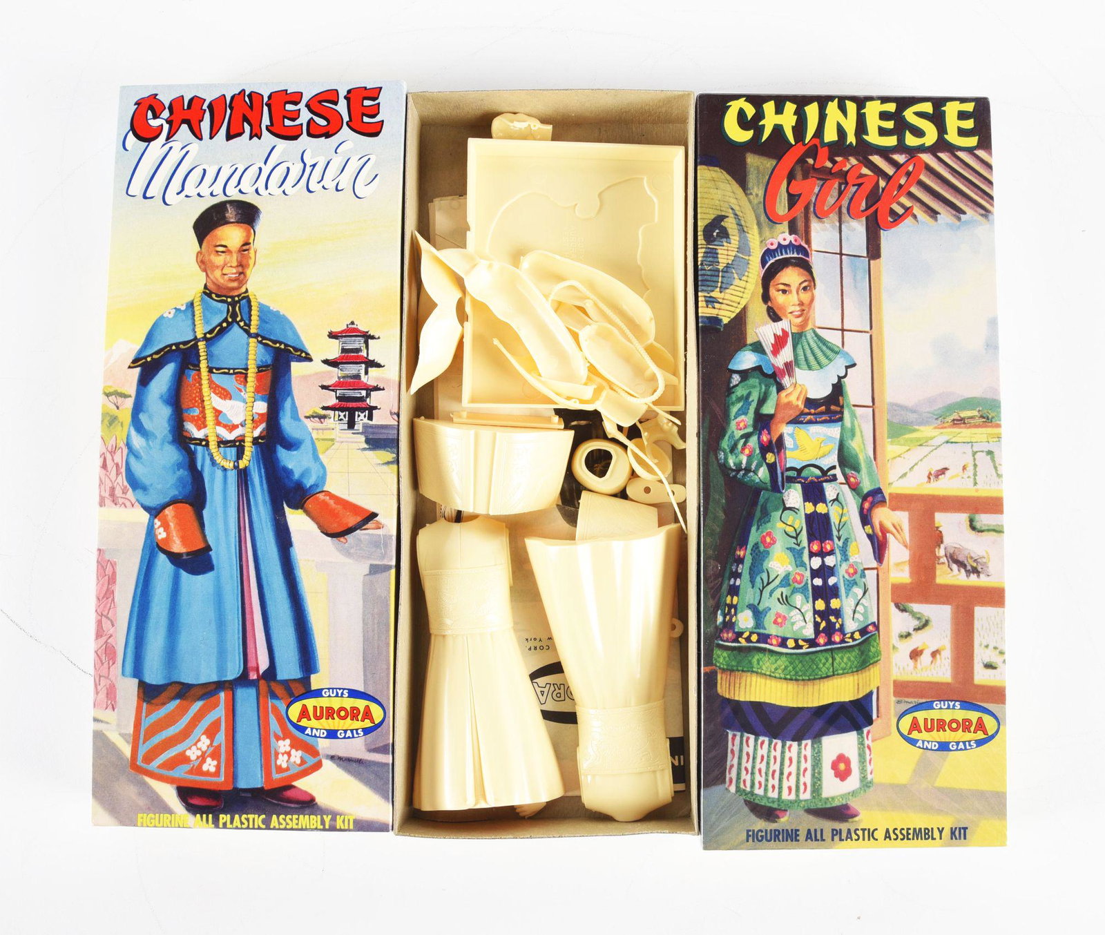 LOT OF 2: AURORA CHINESE MANDARIN AND CHINESE GIRL MODEL KITS.: In original boxes, look complete and with instructions. Condition: (Very Good - Excellent). Dimensions: 13 - 3/4" x 5 - 3/4" x 2 - 3/4".