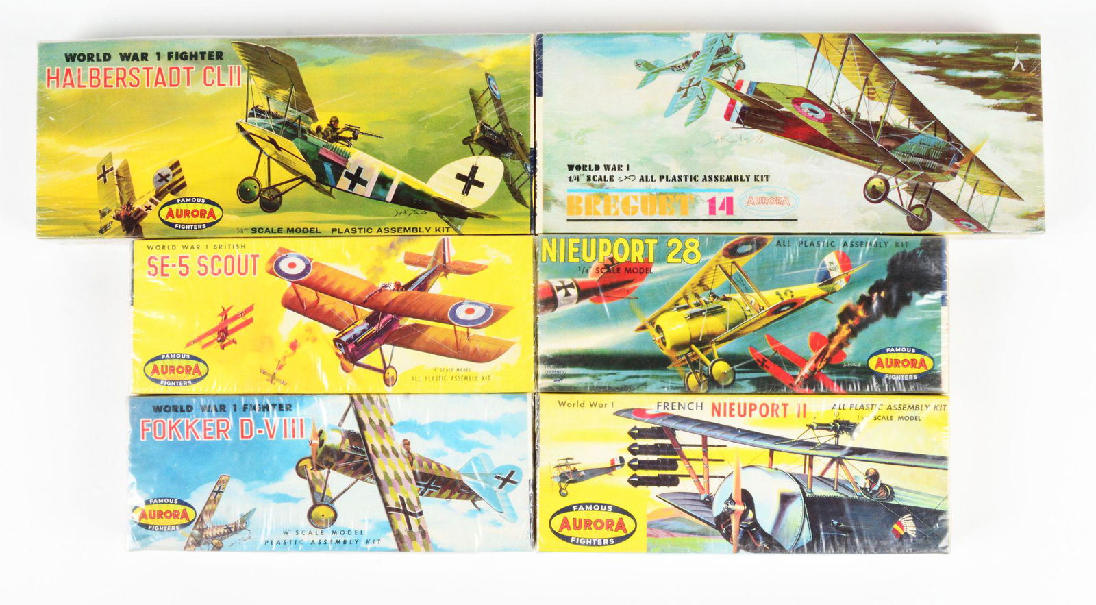 LOT OF 6: BOXED AURORA WWI-TYPE AIRPLANE MODELS. (1 of 2)