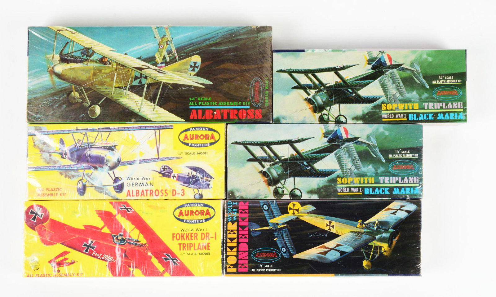 LOT OF 6: BOXED AND SEALED AURORA WWI-TYPE AIRPLANE MODELS. (1 of 2)