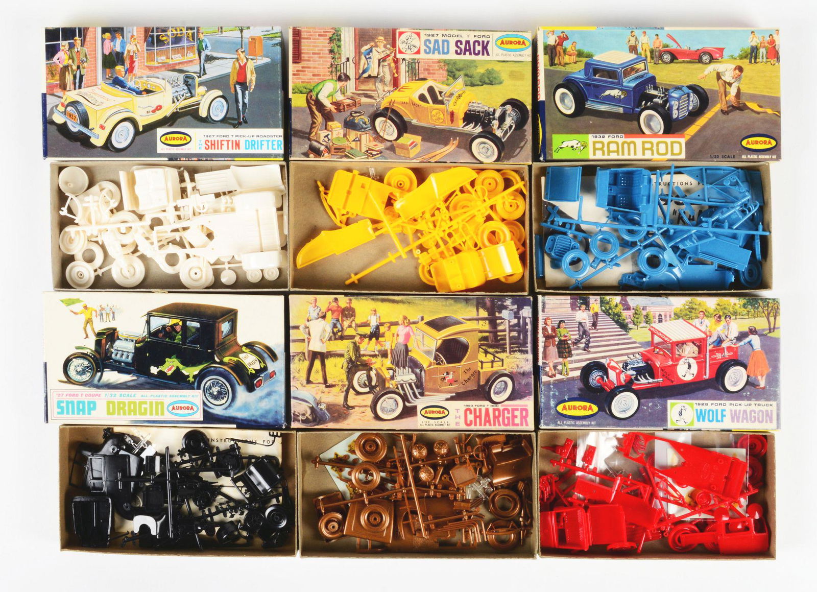 LOT OF 6: VARIOUS AURORA HOTROD CAR MODEL KITS. (1 of 2)