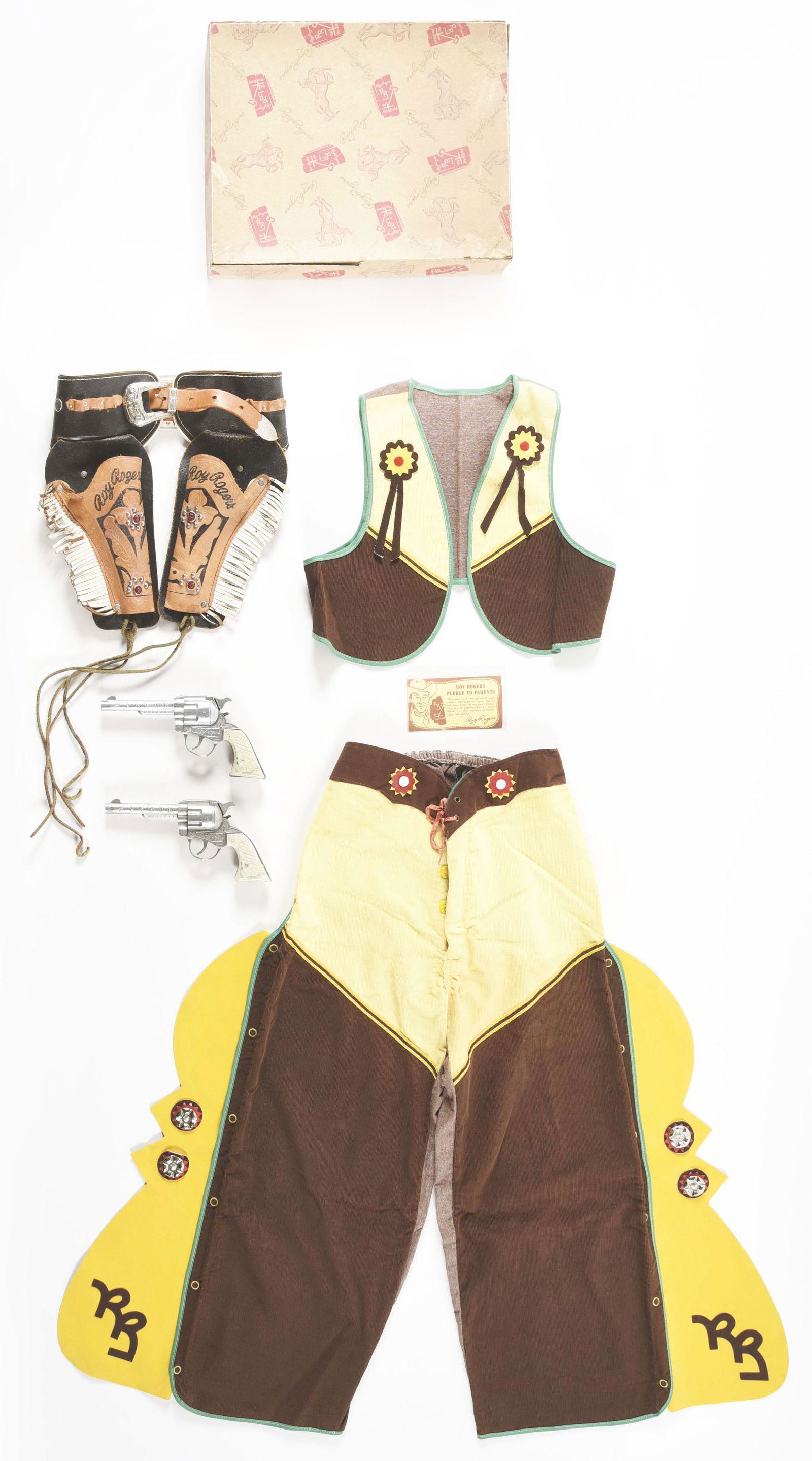 LOT OF 2: 1950'S ROY ROGERS GUN AND OUTFIT SETS.: Includes a gun set with double holster, marked "Roy Rogers", with two Kilgore working cap guns. Also included is a Roy Rogers Cowboy Outfit in original box, marked "Size 10", with original pledge from