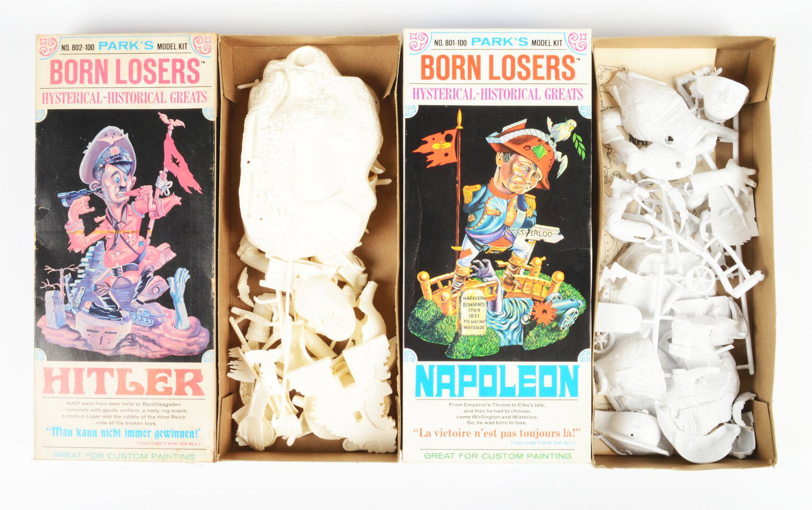 LOT OF 2: PARK'S BORN LOSERS HISTORICAL MODEL KITS.: Both in original boxes, with instruction sheets and unbuilt, c. 1960's to 1970's. One is of Hitler and the other is of Napoleon. Boxes have some creasing and wear. Condition: (Very Good - Excellent). 