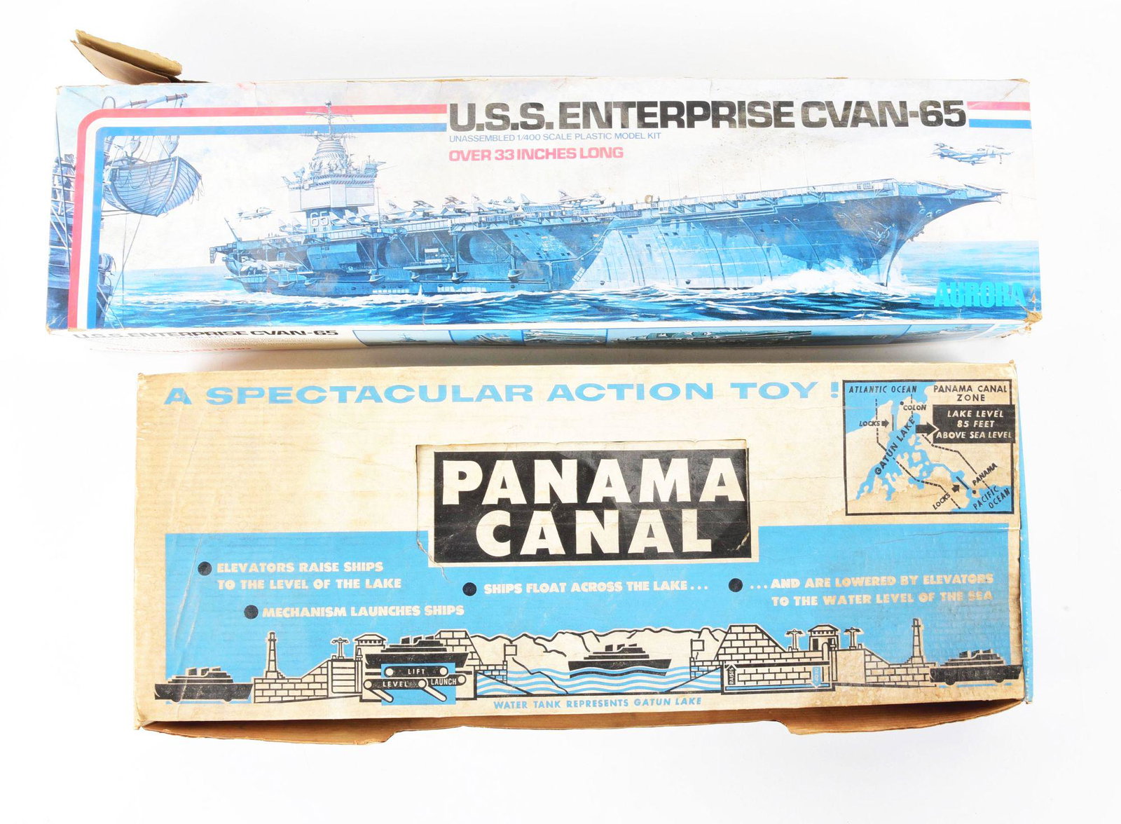 LOT OF 2: AURORA SHIP-RELATED KITS.: Both in original boxes. One is a Aurora U.S.S. Enterprise and the second is a Panama Canal play set. Boxes both have some edge wear and tearing, insides look good. Condition: (Very Good - Excellent). 