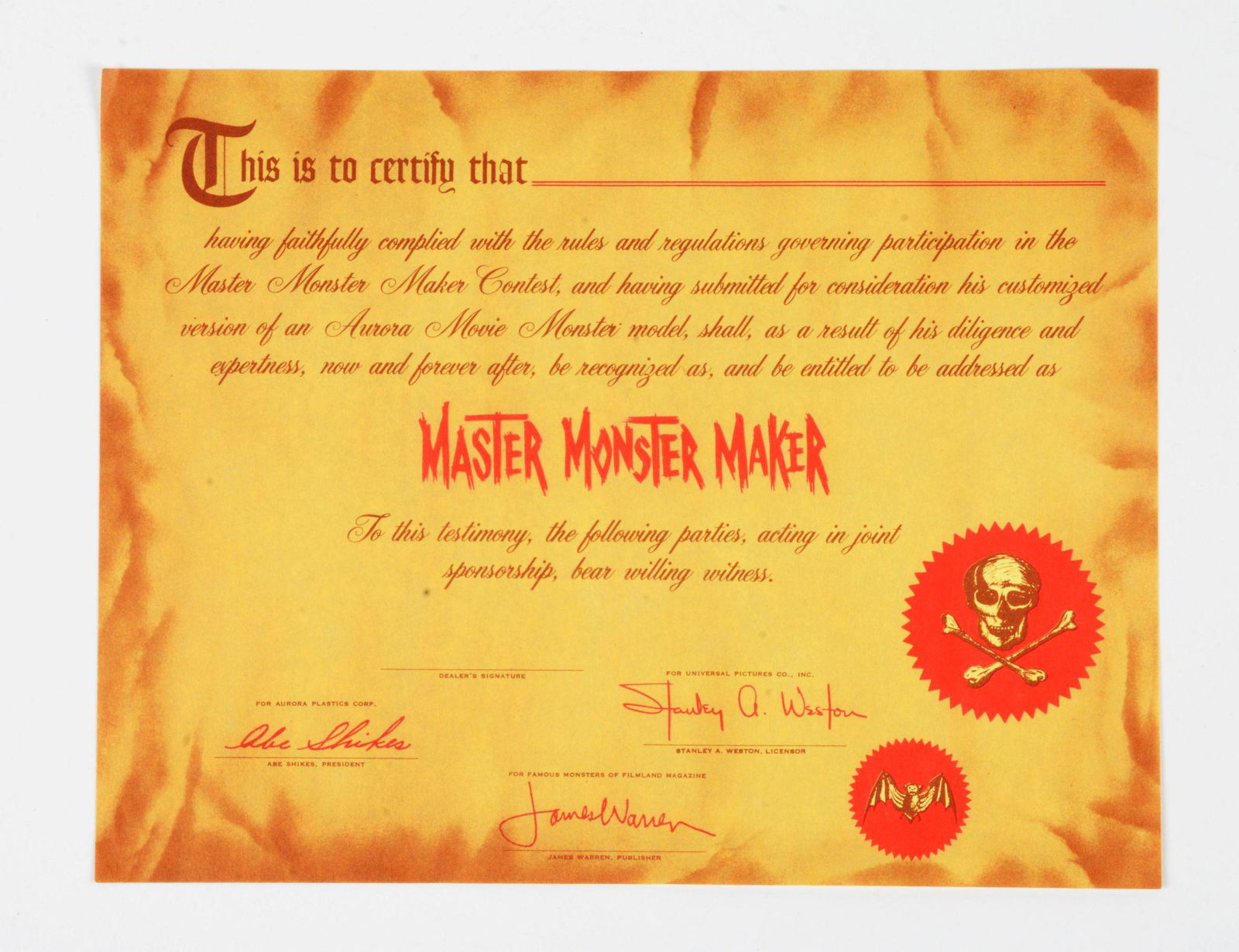 ORIGINAL MASTER MONSTER MAKER AWARD CERTIFICATE. (1 of 1)