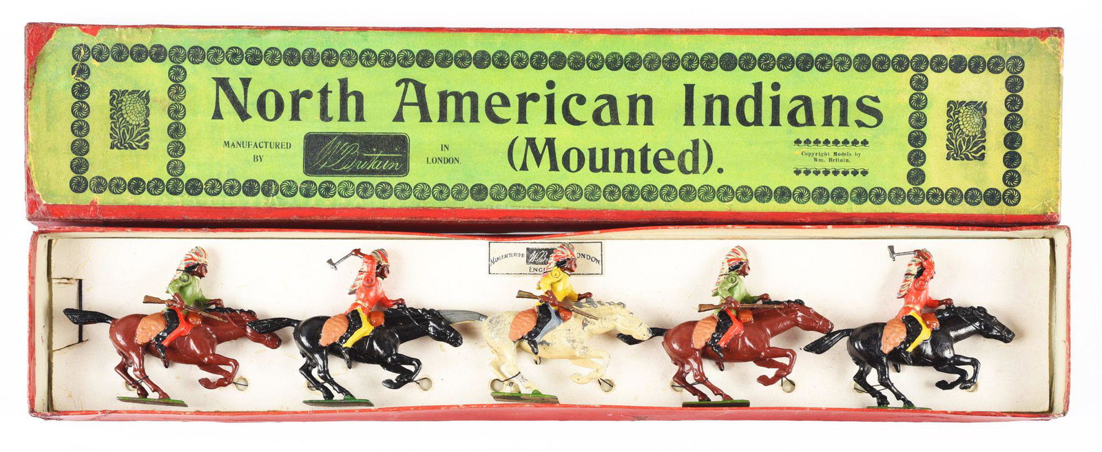 BRITAINS NORTH AMERICAN MOUNTED INDIANS.: In original box. Marked Set number No. 152. Includes five mounted Indians on horses holding rifles or tomahawks. Right arms are moveable. Has box insert. Some general overall wear but overall very goo
