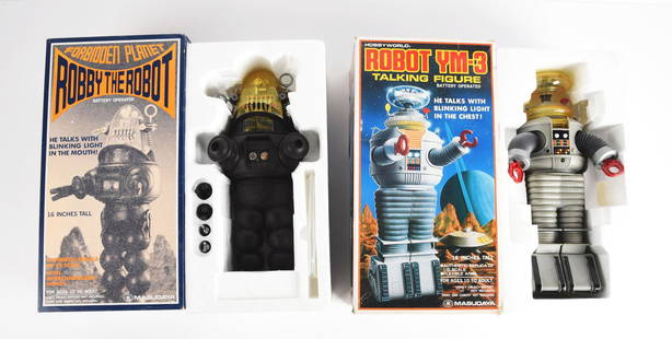 LOT OF 2: JAPANESE MASUDAYA BATTERY OPERATED TOY ROBOTS IN ORIGINAL BOXES.: Robby the Robot and YM-3 Robot. Look to be unused with inserts. Condition: (Very Good - Excellent). Dimensions: Largest Box: 17 - 1/2" x 9 - 1/4" x 6 - 3/4".