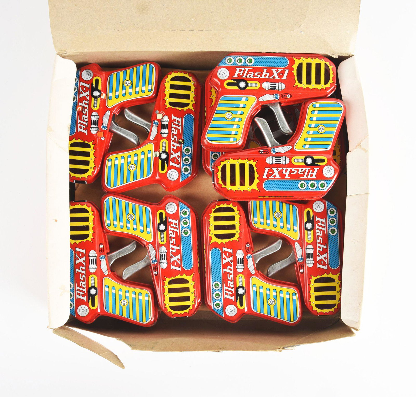 JAPANESE TIN LITHO FRICTION FLASH GUNS IN ORIGINAL STORE BOX.: Comes in very colorful marked "shudo". 18 guns remain. Most are working well. Condition: (Very Good - Excellent). Dimensions: 11" x10 - 1/4" x 3".