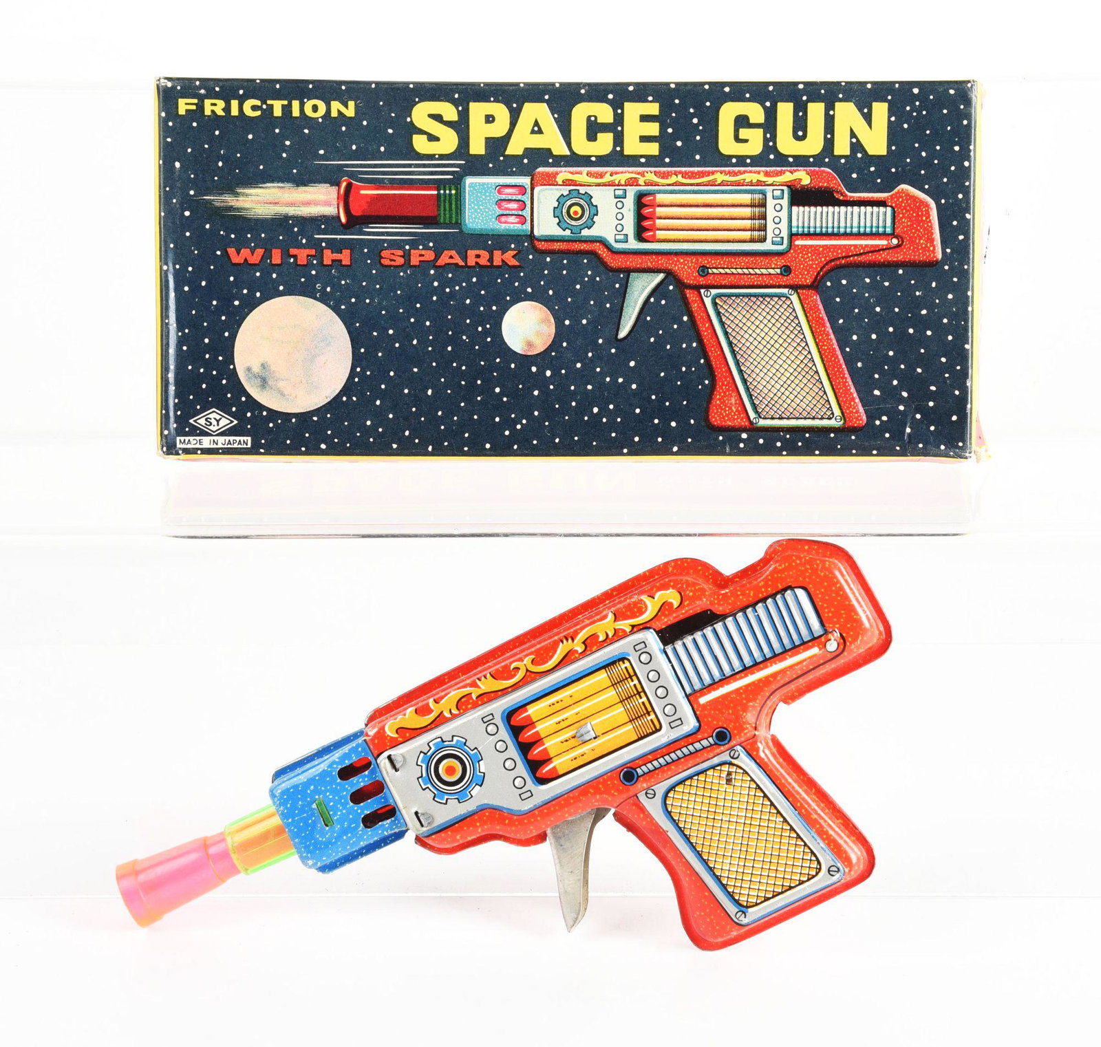 JAPANESE TIN LITHO FRICTION SPACE GUN.: In original box. Made by S.Y Japan. Looks unused and has cardboard cover for barrel. Nice lithography. Barrel goes up and down when trigger is pressed. Needs flint to spark. Condition: (Excellent). Di